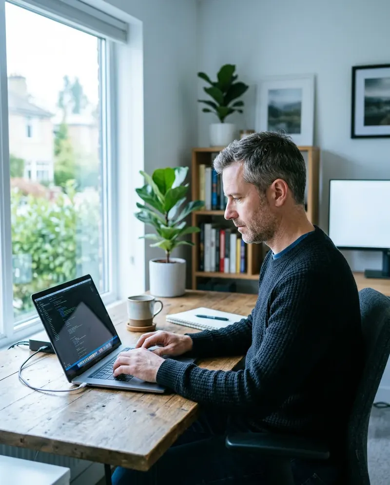 A man working with focus at his laptop