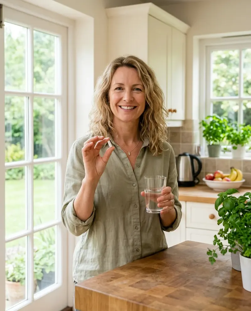 A woman taking a capsule with water in the morning