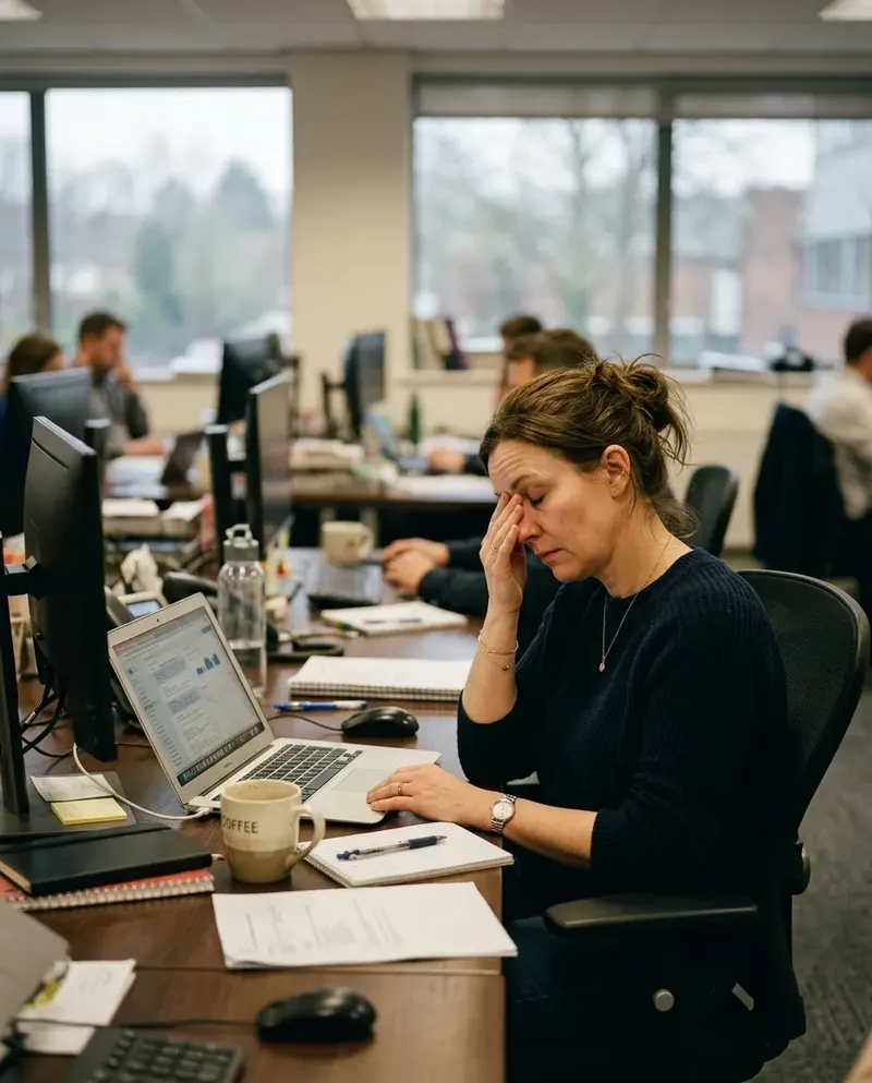 A tired woman rubbing her eyes at her desk