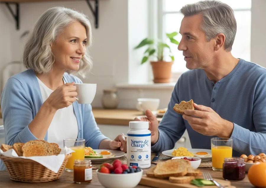 A couple having breakfast with a bottle of NeuroCharge on the table